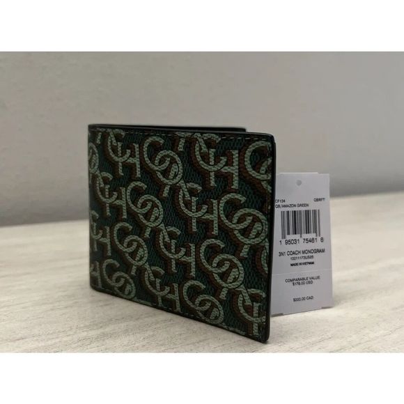 COACH Mens 3n1 Wallet/Card Case Printed Coated Canvas Monogram Amazon Green - Picture 6 of 12